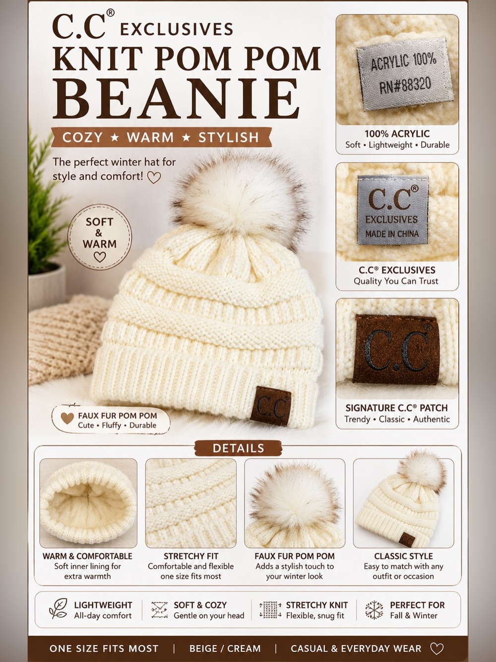 C.C Exclusives Women’s Knit Beanie Cream Faux Fur Pom Pom Winter Hat One Size